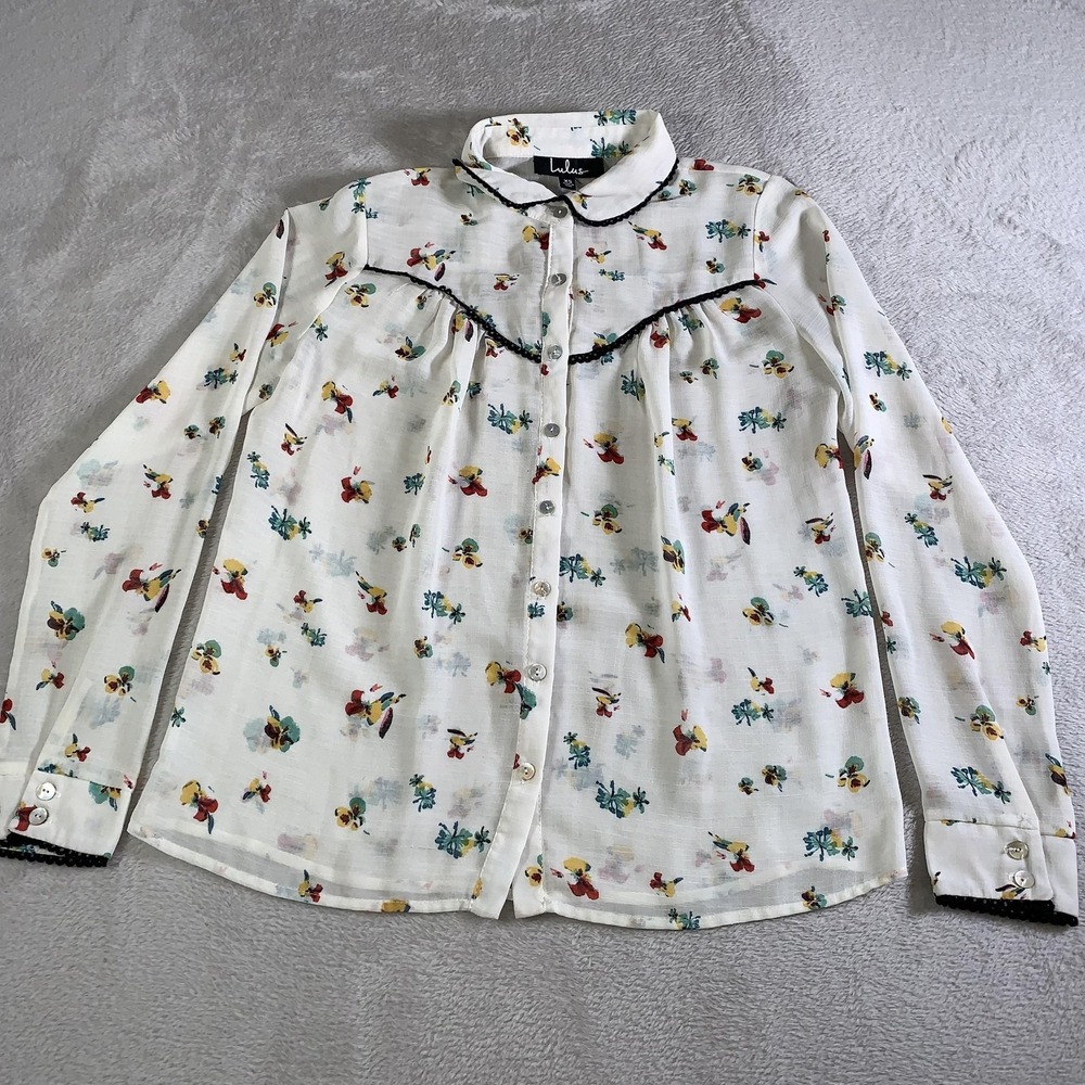 Lulus Shirt Womens XS White Floral Button Up Crochet Trim Sheer Long Sleeve